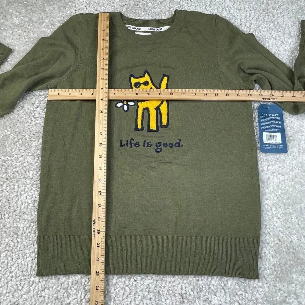 Life Is Good Green Crewneck Sweater Yellow Dog Daisy Womens Small
